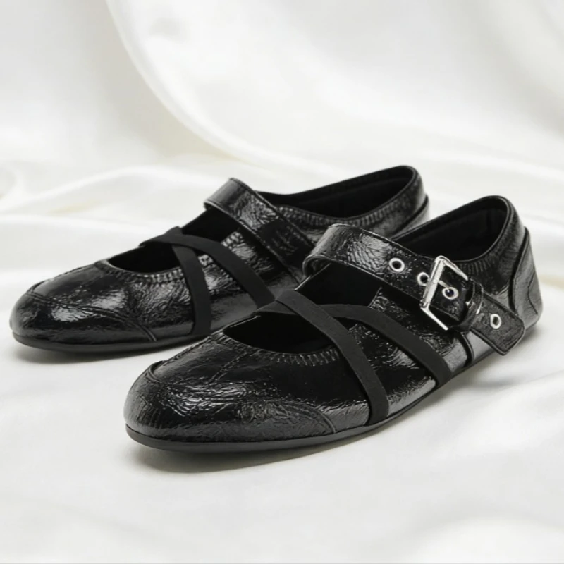 Unique Cross Elastic Band Design Ballet Flats Women Fashion Belt Buckle Mary Jane Shoes Quality Soft Leather Comfort Women Shoes