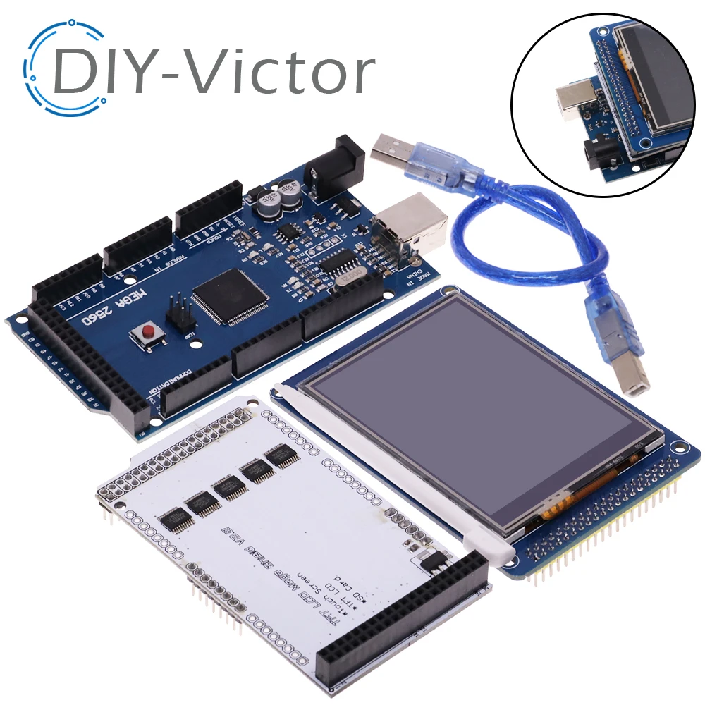 Spedizione gratuita! Touch LCD TFT da 3.2 "+ schermo TFT da 3.2 pollici + Mega 2560 R3 con cavo usb per kit Arduino