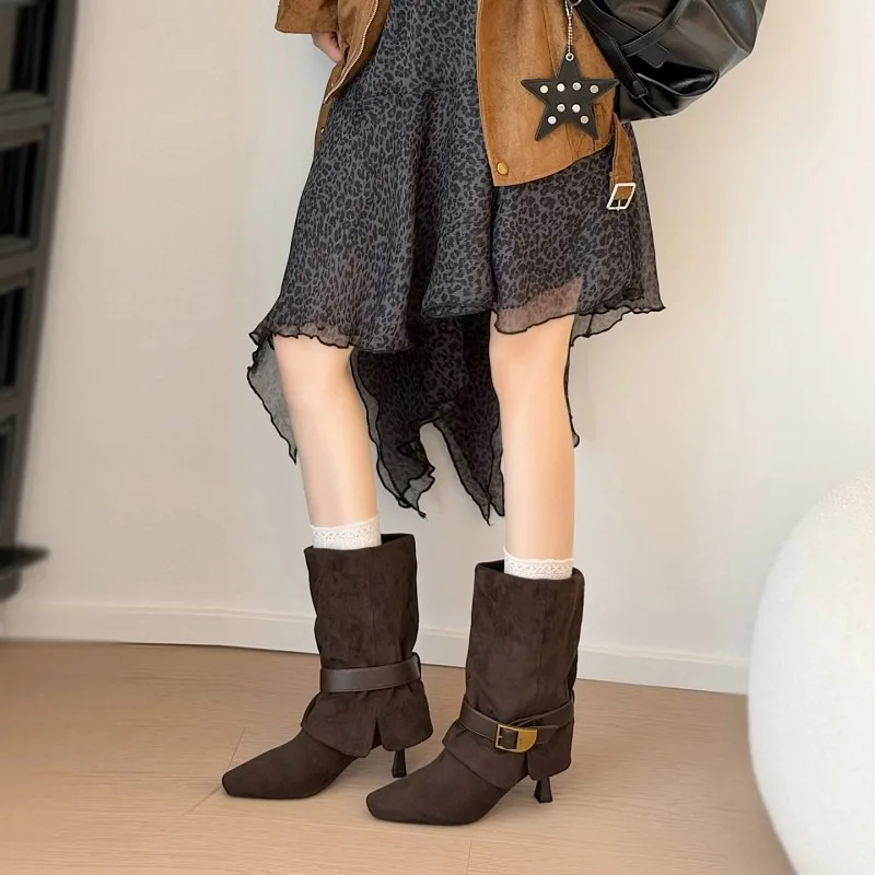 Pointed-toe High-heeled Stack Boots for Women, 2026 New Style, Elegant Fur Surface, Fashionable Cuff Boots