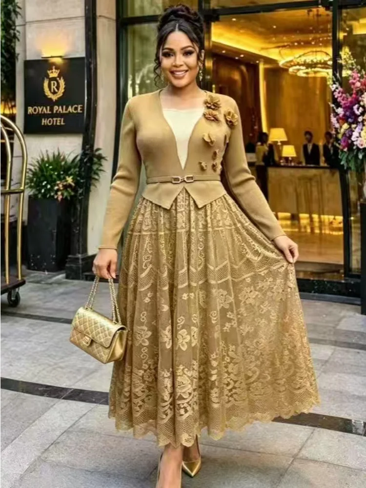 Miyake 2026 New Loose Women's Clothing Temperament Thin Dress Fashion Lace Splicing Dress