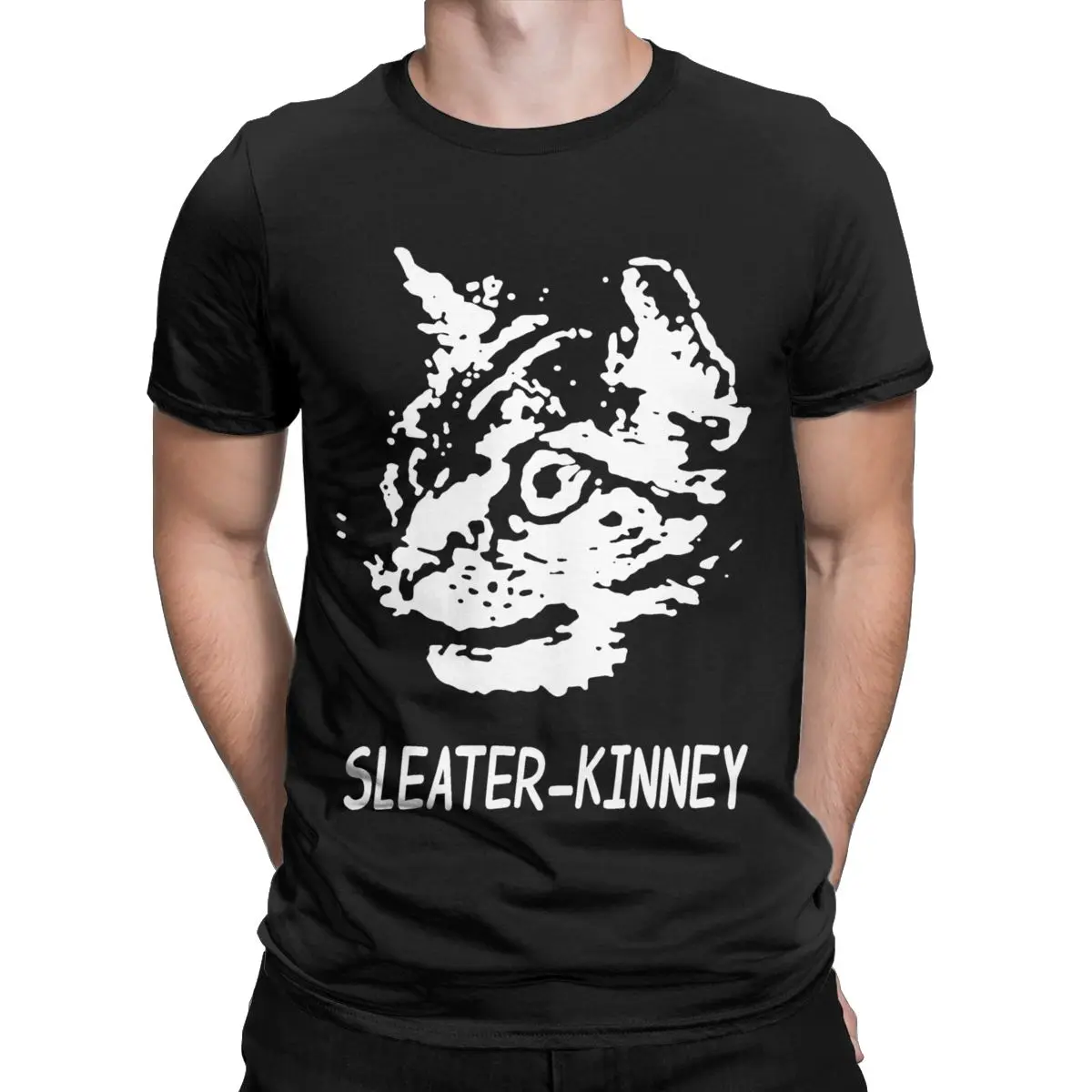 Art Cat Retro Sleater Kinney T-Shirt for Men Music Band Sticker Novelty Pure Cotton Tee Shirt O Neck Short Sleeve T Shirt Gift