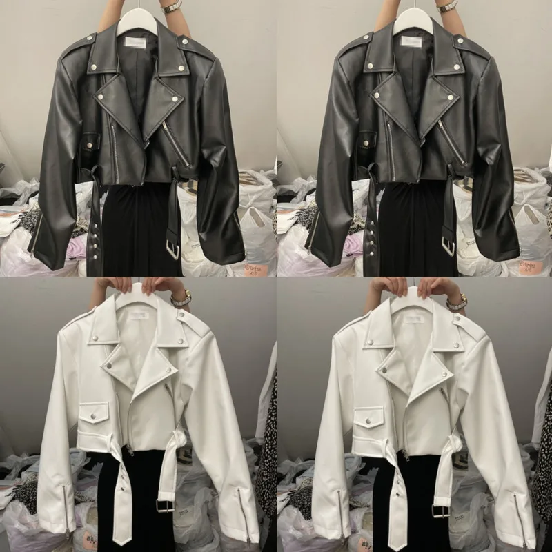 Motorcycle PU Leather Jacket Women Y2K Maillard Jacket Fashionable Lapel Slim Long Sleeves Montage Leather Jacket Top Coat New