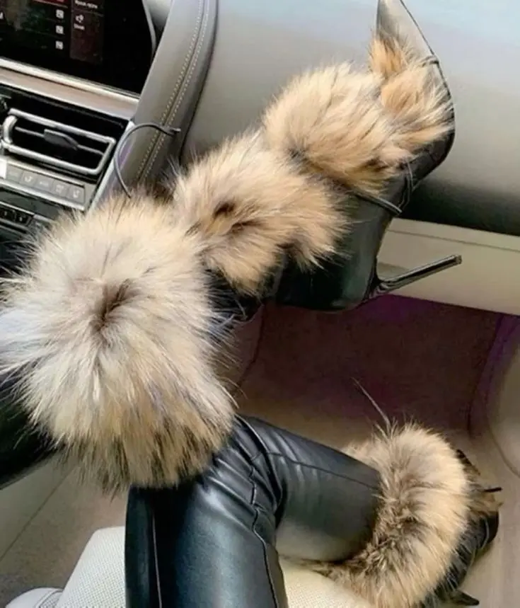 Fur Pointed Toe Black Leather Mid Calf Boots Women Sexy Thin High Heels Short Boot Big Size Lady Winter New Designer Shoes