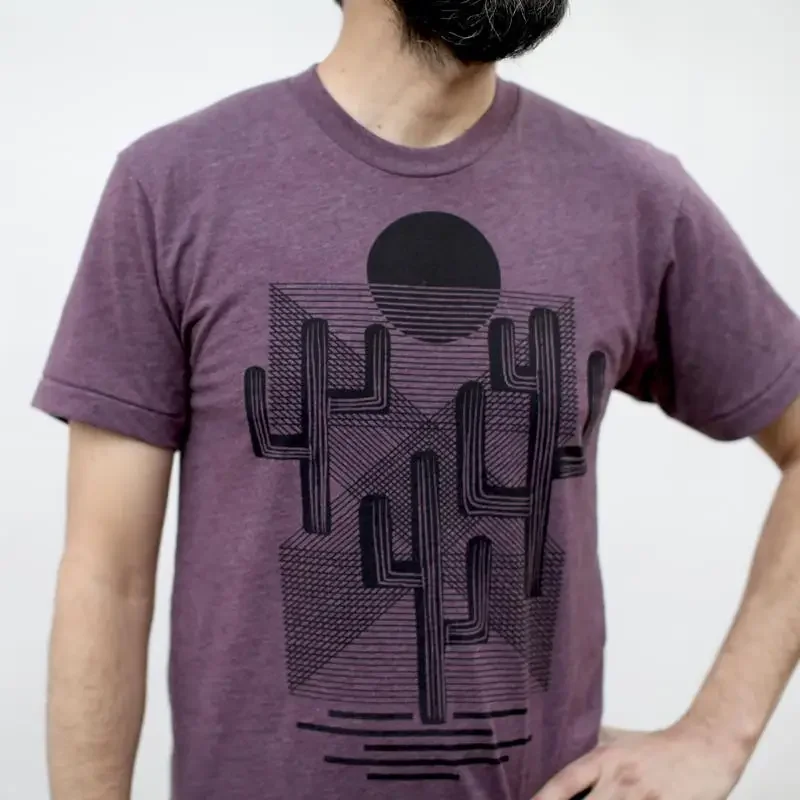 Men's Woodblock Inspired Desert Cactus T Shirt in Plum Saguaro National Park Screen printed Crew Neck