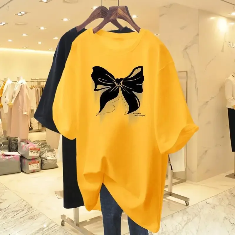 White Cotton Loose Round Neck Bow Short Sleeve Tee T-shirt Women\'s Mid Length 2023 Summer New European Oversized Fashion Tops