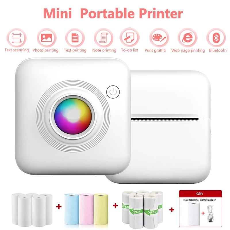 Portable Thermal Printer Mini Cute Print Photo Pocket Thermal Label Printer Bluetooth Printing 200dpi Android iOS Phone Printers