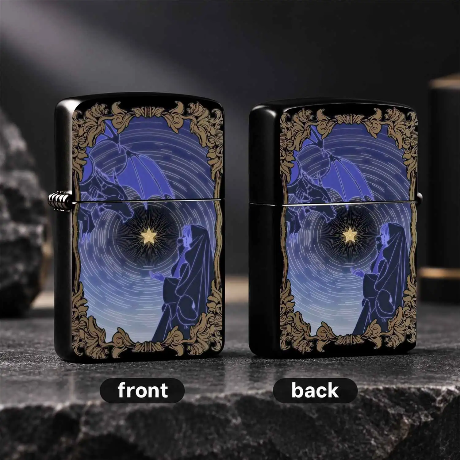 Vintage Gilt Frame Tarot Style, Blue Tone Night Dragon Wishing Saint Aesthetic Personalized , Creative Collectible Gift For Boyfriend Girlfriend, Portable Durable Daily Use Accessory For Rituals Outdoor Camping A Fun And Humorous Lighter