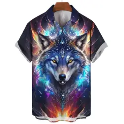 Camisa de manga corta con estampado de lobo para hombre, camisa de gran tamaño, sublimación 3D, informal, elegante, ropa de moda de verano