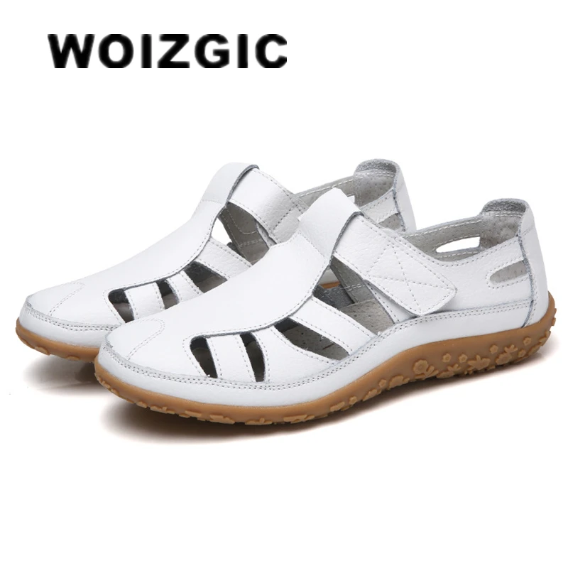 WOIZGIC Women Ladies Female Mother Genuine Leather Shoes Sandals Gladiator Summer Beach Cool Hollow Soft Hook Loop LLX-9568