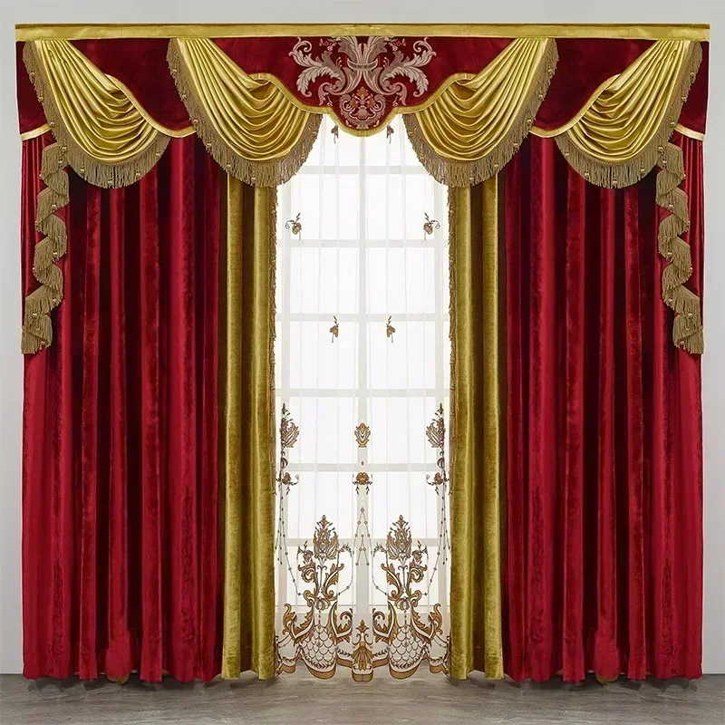 American Luxury Curtains Villa Bedroom Velvet Red High-end European Palace Style Sunshade Color Matching Finished Curtains