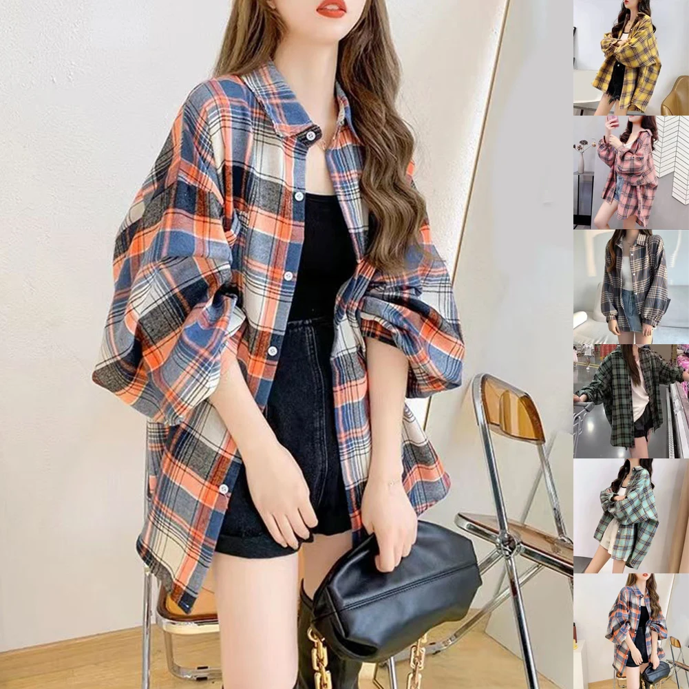 여성용 루즈핏 레트로 체크무늬 셔츠 재킷, 싱글 버튼, 긴 소매, 체크 패턴, 캐주얼 스트릿 스타일