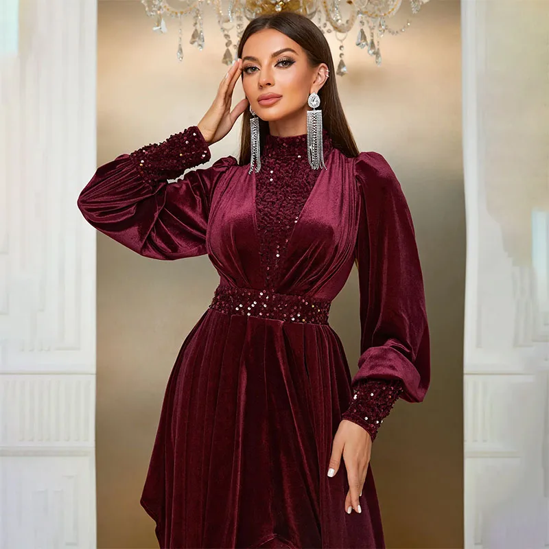 Elegant Velvet Sequined Mother Of The Bride Dresses  A-Line high Neck Empire  luxury Long Sleeve Birthday party Evening Gowns