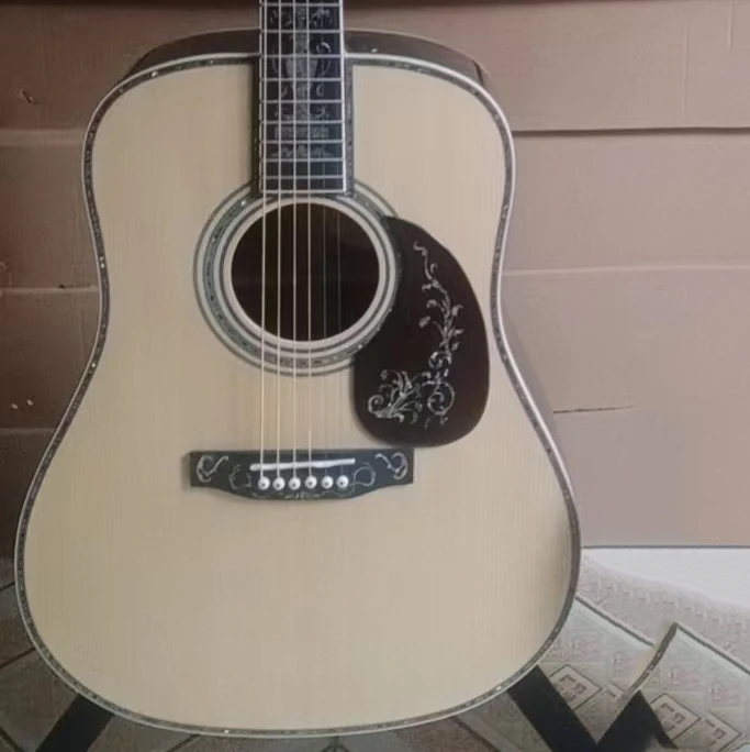 

41-дюймовая акустическая гитара D-типа, корпус из цельного ели, корпус с инкрустацией из настоящего морского ушка и накладка, седло с костяной гайкой