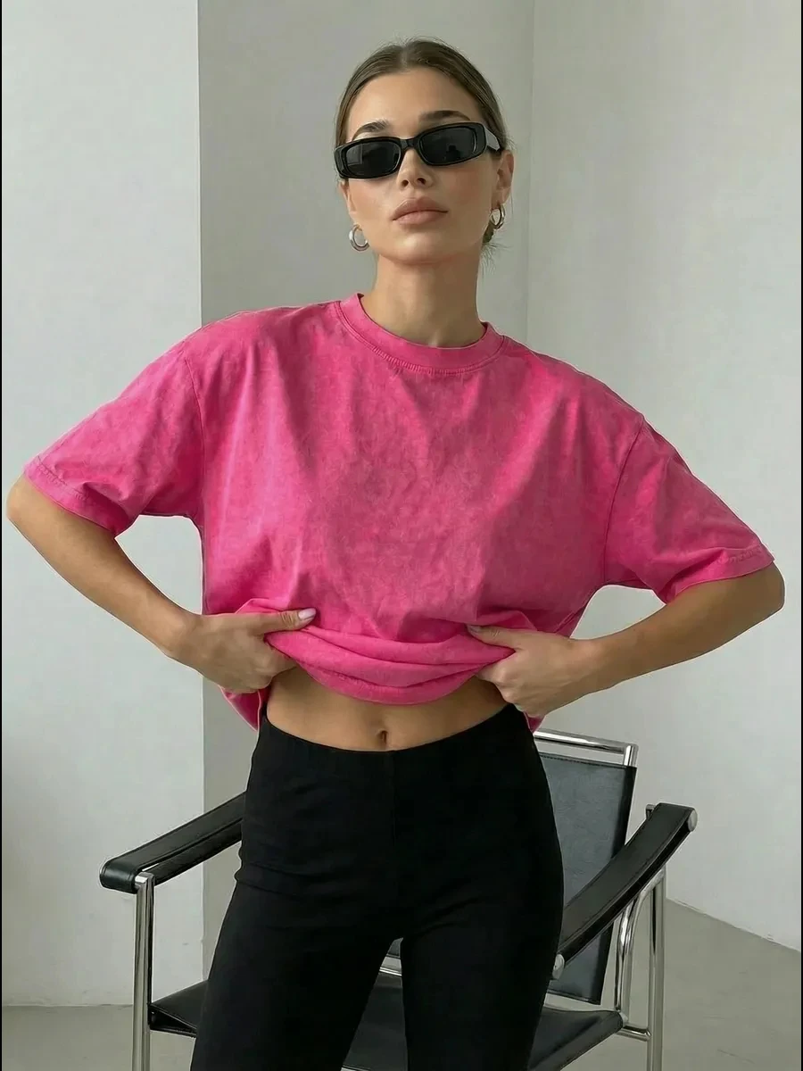 Solid Color Soft Family Women Washed T Shirt Y2K Breathable Cotton T-Shirt Casual Short Sleeve Summer Loose Female Clothes