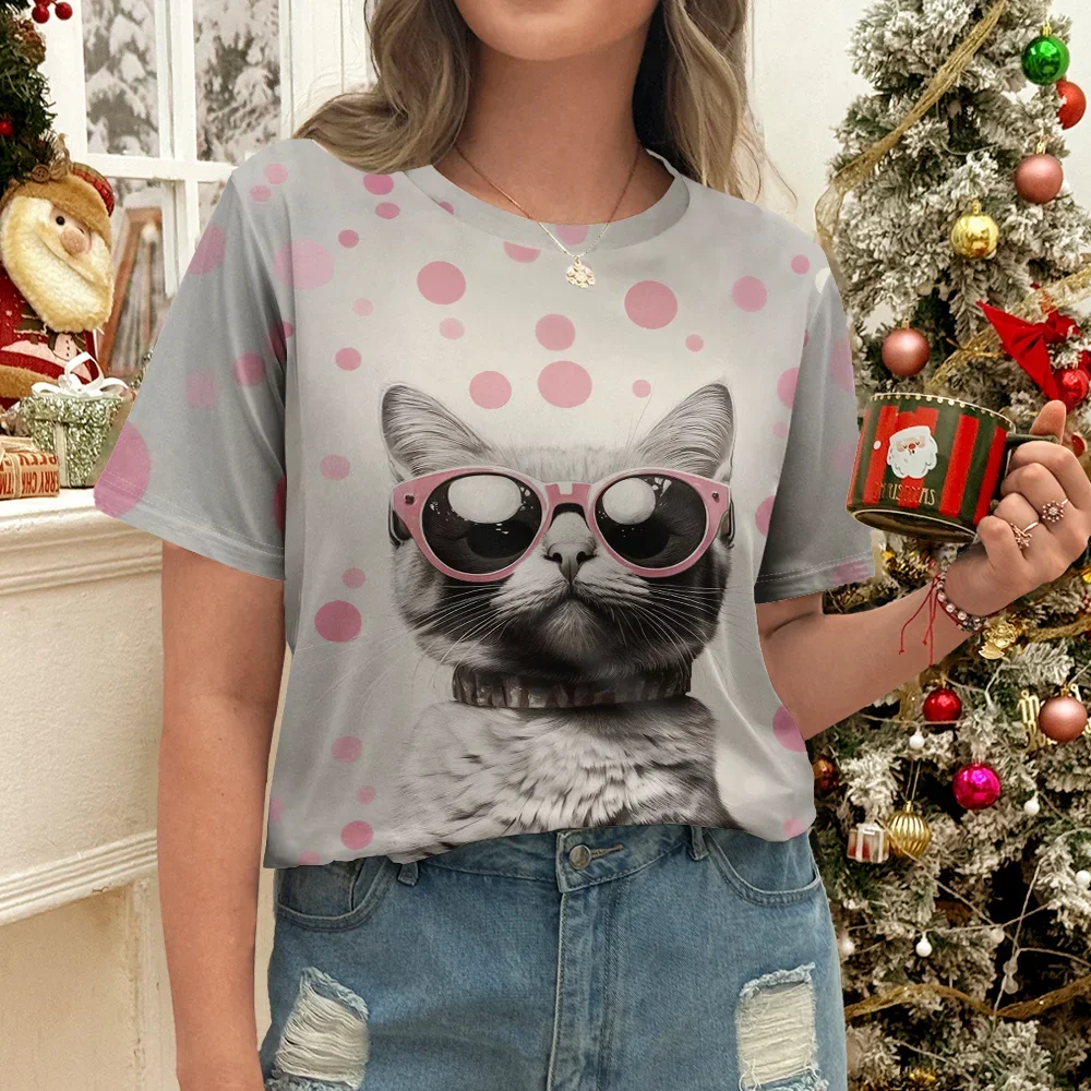 

Women's Grey T-Shirt with Pink Sunglasses Cat Design Casual Summer Style Round Neck Short Sleeve Top for Daily Wear Y2K