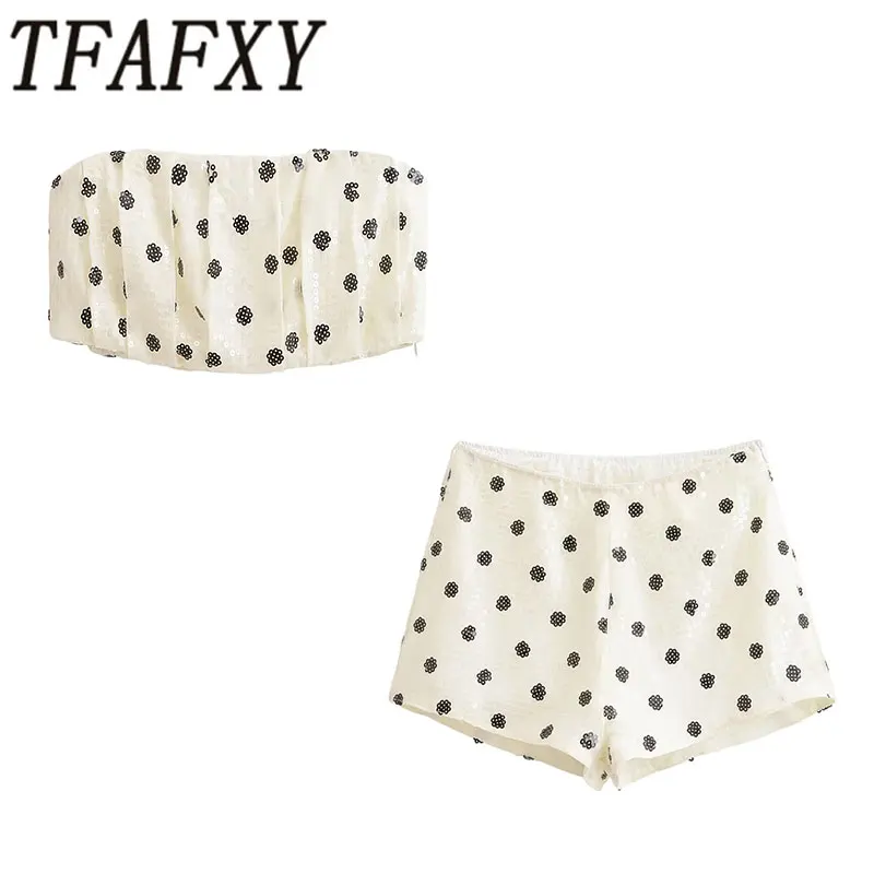 

TFAFXY 2026 Summer Women New Shorts Sets Sequin Decoration Sexy Backless Slim Short Top Side Zipper Holiday Shorts Suit