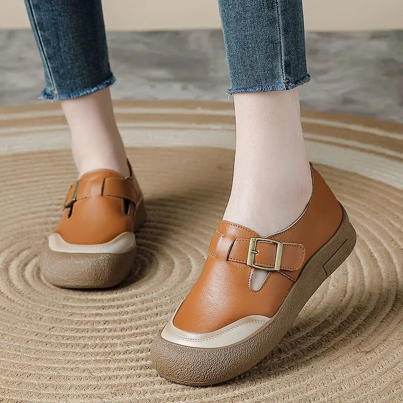 

Latest genuine leather buckle flats women's loafers hook loop wide fit moccasins woman patchwork cutout flats mom driving shoes