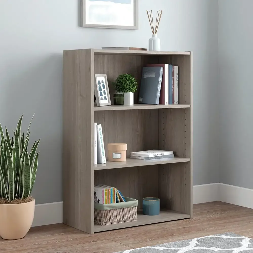 3-Shelf Bookcase in Silver Sycamore Finish Adjustable Home Office Display Stand Wood Furniture Solution Silver H