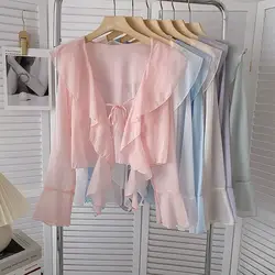 Women Sweet Beach Ruffled Lace Up V-neck Chiffon Cardigan All-match Flare Sleeves Sunscreen Shirt Summer Irregular Thin Shawl