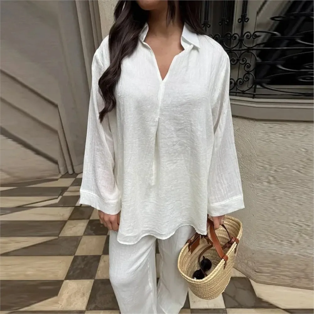 

2025 New Spring Autumn Women's Suit V-neck Fashion Long Sleeve Blouse + Wide-Leg Pants Temperament Commuter Shirt Two-Piece Set