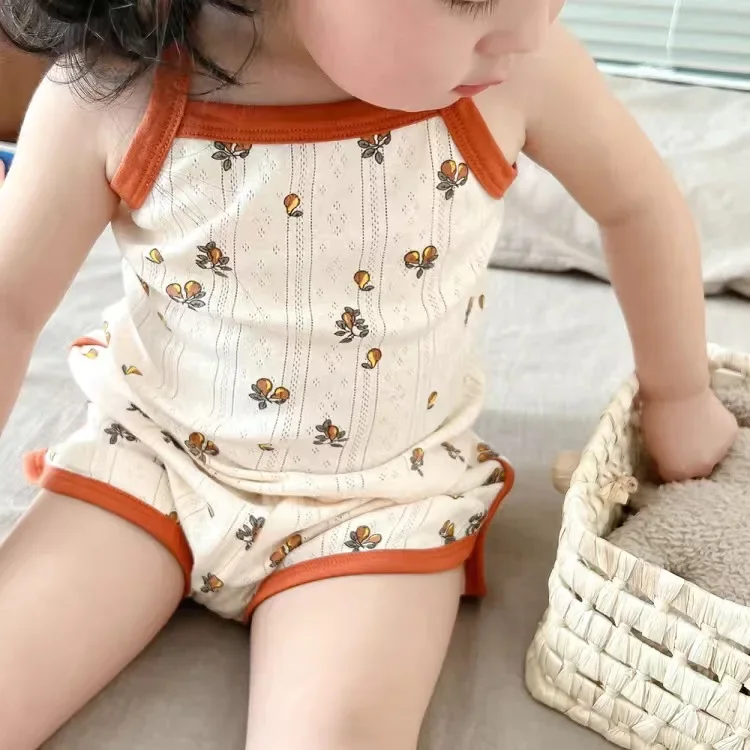 Summer New Baby Sleeveless Tops And Tight Waist Shorts 2 Pieces Suit Girls Square Collar Clothing Set Kids Cotton Clothes