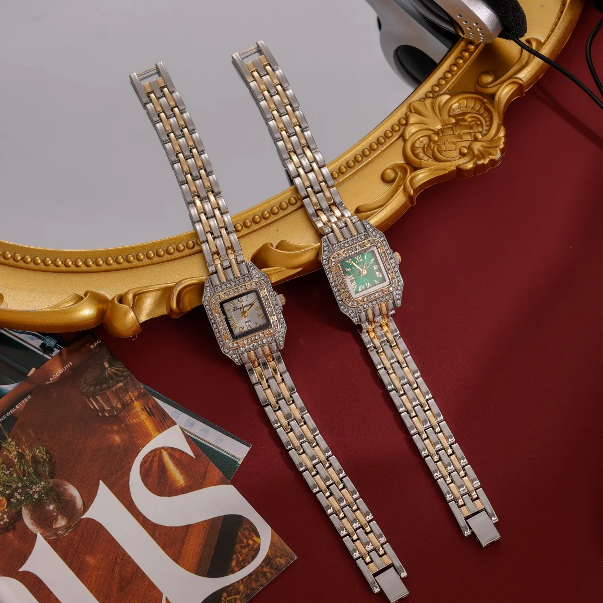 Vintage Luxury Women Watches Chic Gold Silver Alternating Design Roman Numerals Dial Rhinestone Inlay Fashionable Trendy Watch