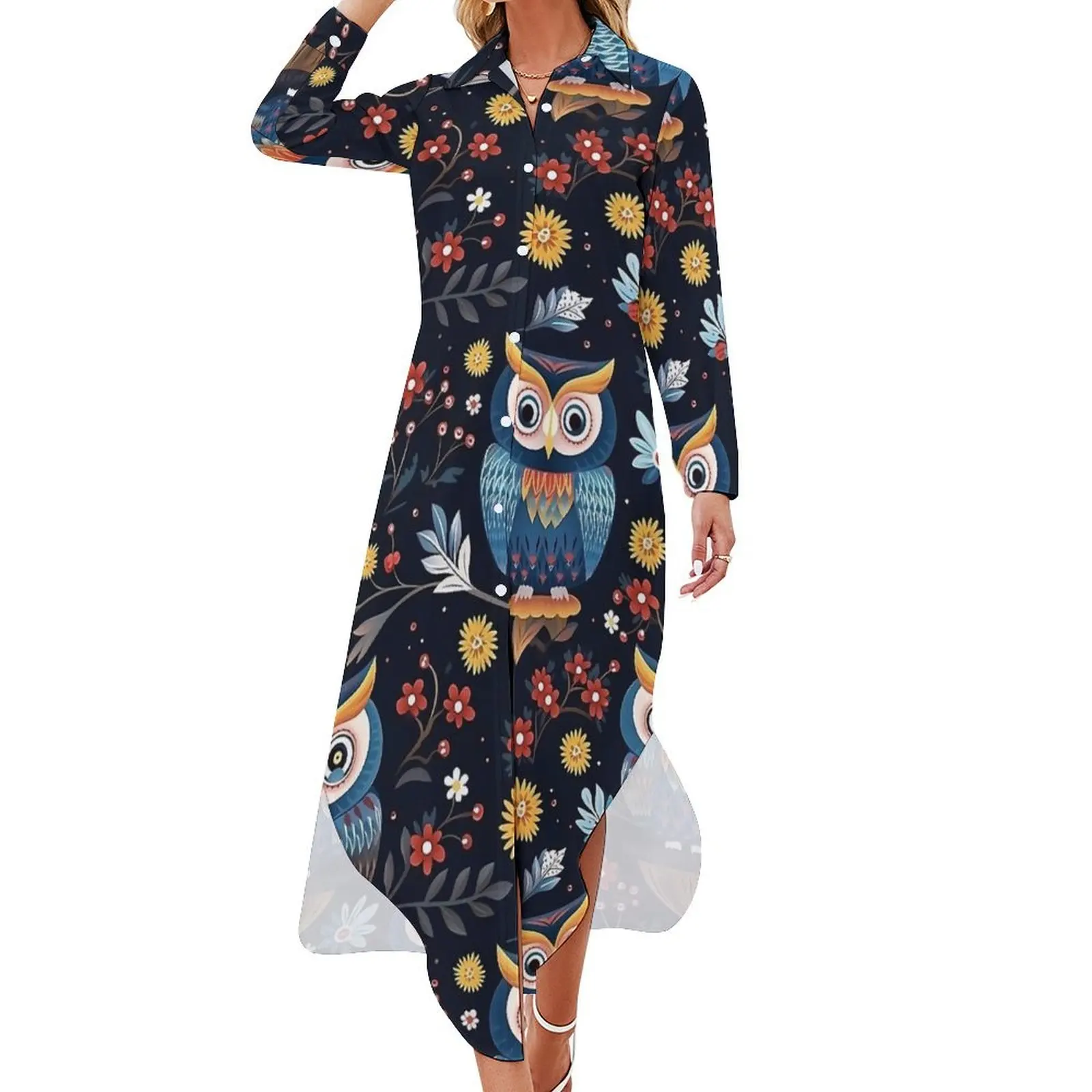 Cute Nordic Bold Owl Pattern Casual Dress Fashion Dresses Sexy V Neck Festival Chiffon Dress Long Sleeve Clothing 4XL 5XL 6XL