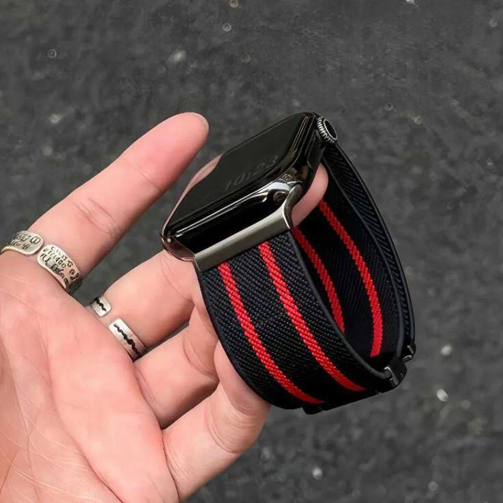 Elastic Striped Nylon Watch Strap Compatible with iWatch Ultra 2 Series 10 9 8 7 SE Adjustable Buckle Wrist Band 38-49mm