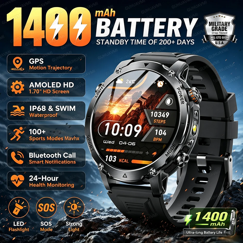 Nuevo Reloj Inteligente GPS 2026 con Batería Súper Grande de 1400 mAh, Pantalla AMOLED de 1.7'', Reloj Deportivo para Hombre, Resistente al Agua, Llamadas Bluetooth, Smartwatch