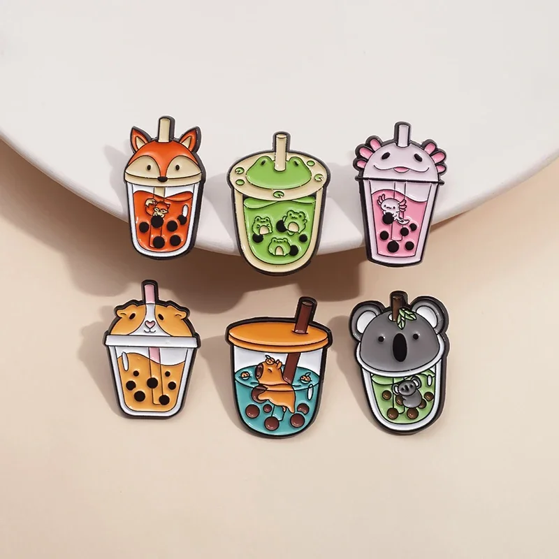 Pearl Milk Tea Animal Straw Cup Enamel Pin Cute Salamander Fox Frog Hippo Brooch Badge Lapel Clothes Jewelry Gift For Kid Friend