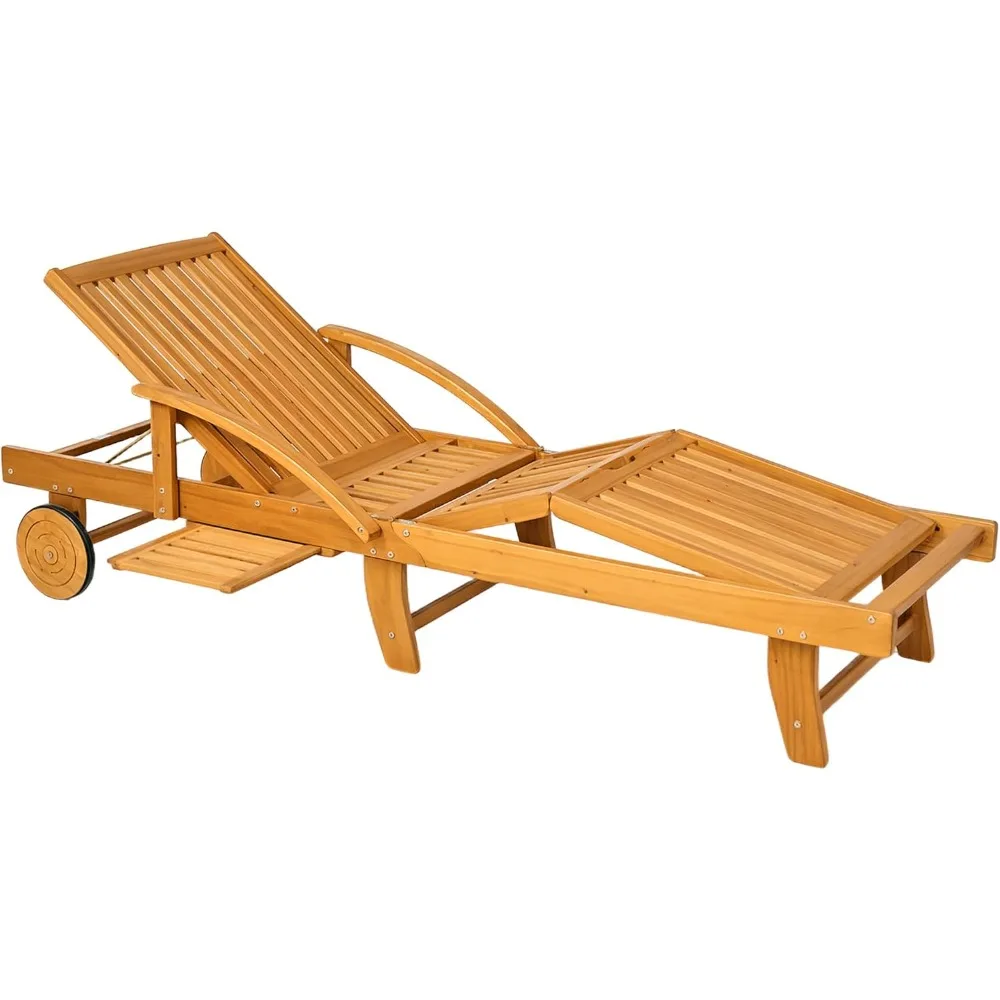 

Chaise Lounge Chair Outdoor, 4-Level Adjustable Tanning Chair with Wheels, Folding Patio Lounger with Extendable Table, Acacia