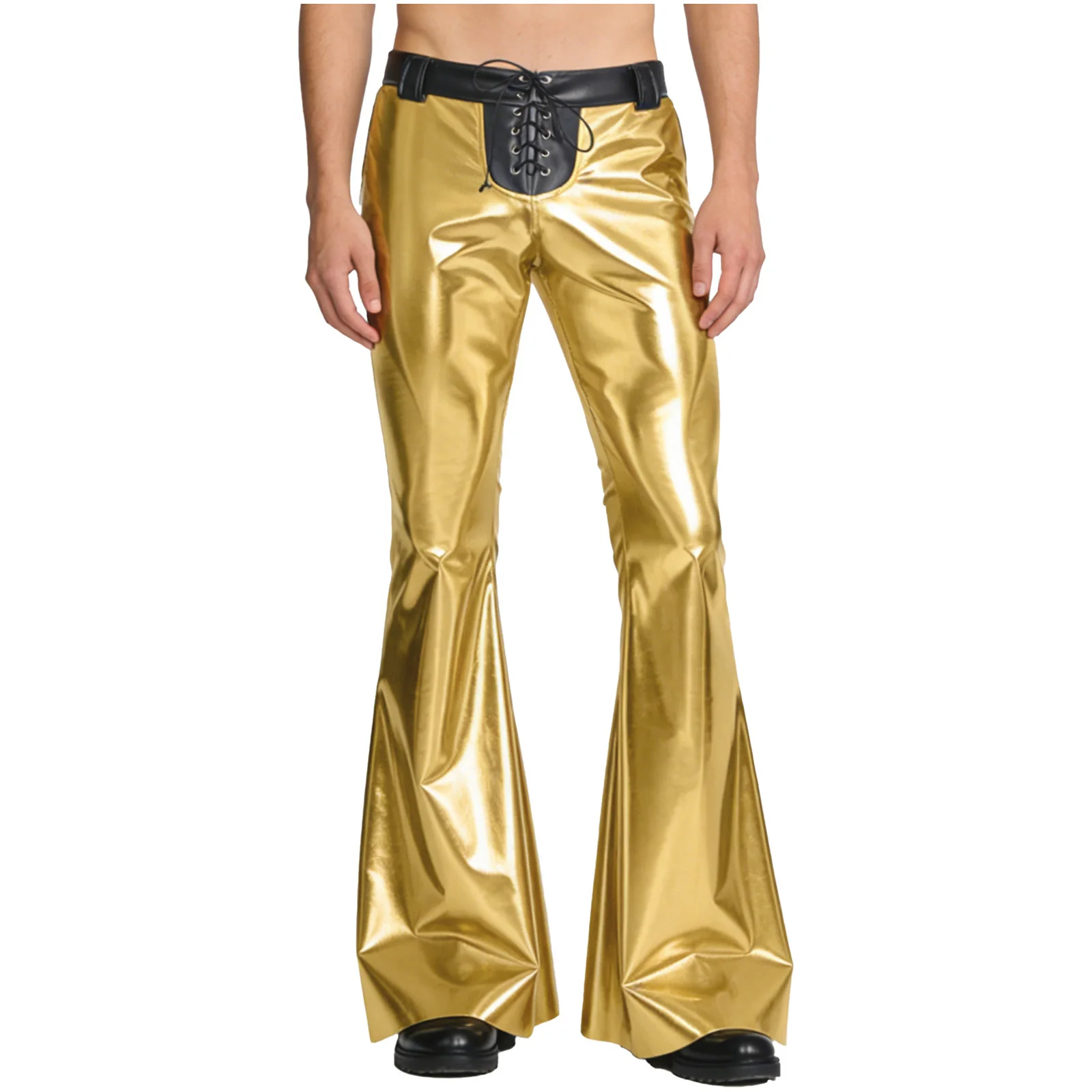 

Мужские брюки-клеш с завязками на талии, металлические блестящие, в стиле 70-х, для диско-танцев, расклешенные длинные брюки, винтажный ковбойский костюм, клубная одежда