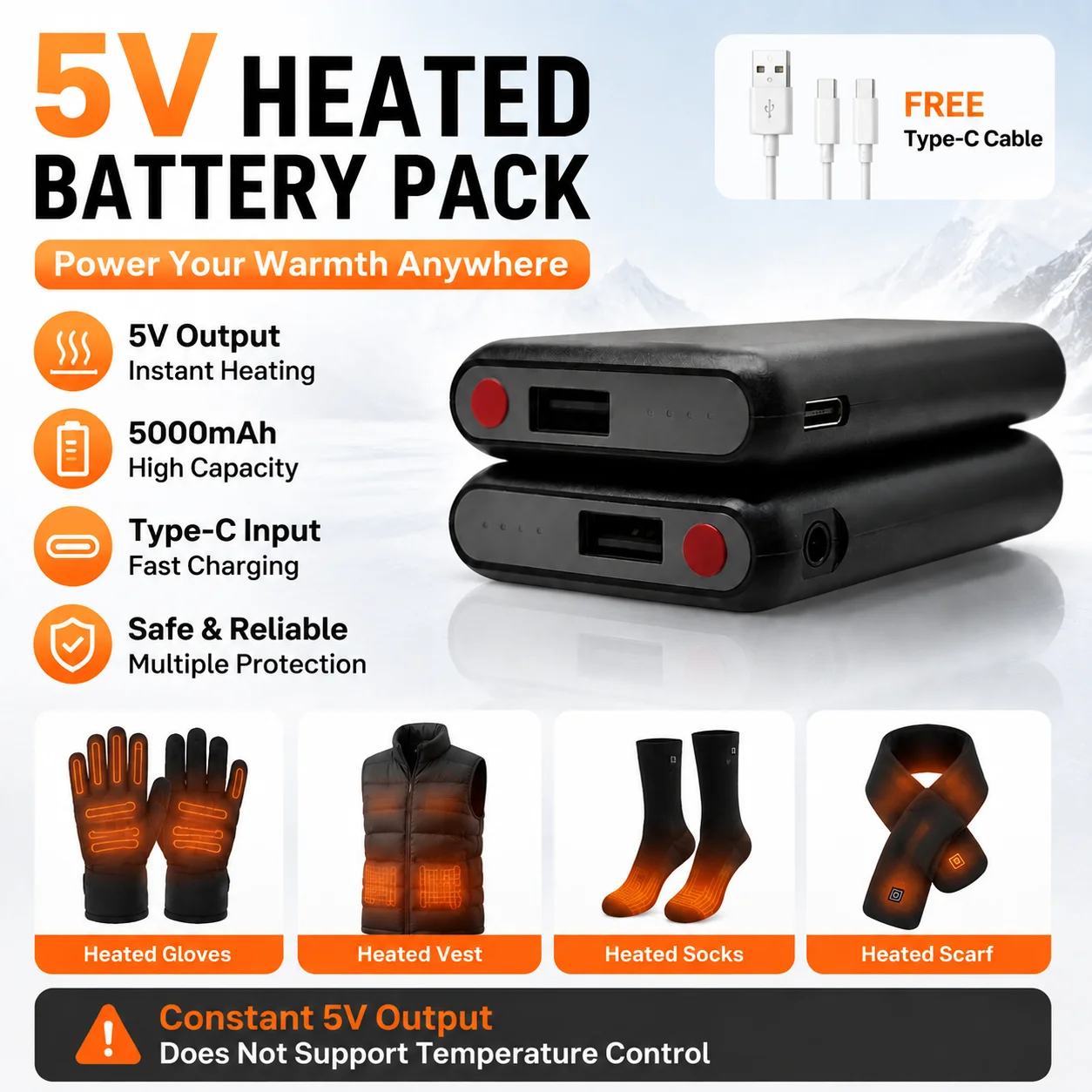 5V 5000mAh Rechargeable Battery Pack Power Bank for Heated Gloves Heated Vest Heated Socks Winter Outdoor Heating Clothing