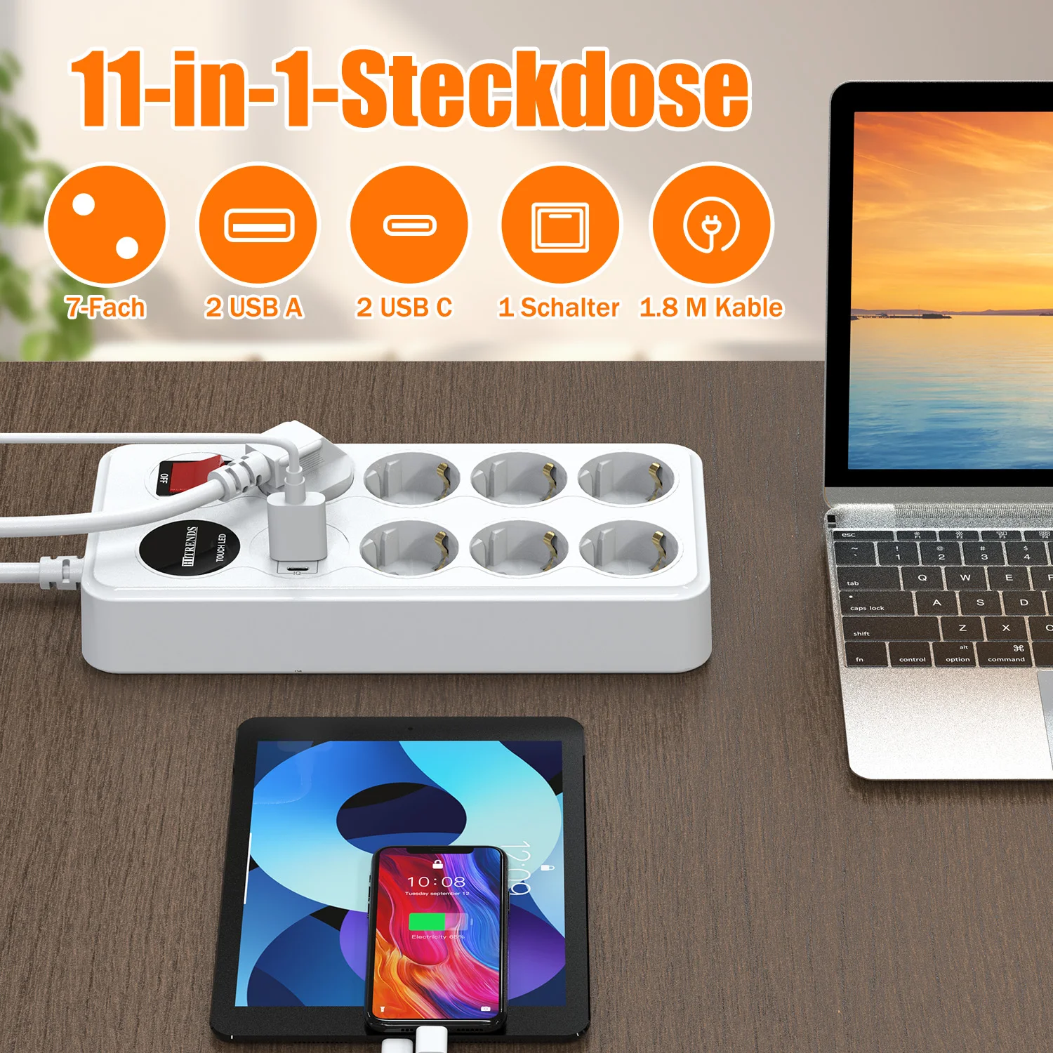 HITRENDS 11-in-1 Power Strip 2USB-C 2USB-A Touch LED Switch Overload/Surge/Short-Circuit Protection 1.8M Cord Desktop Socket