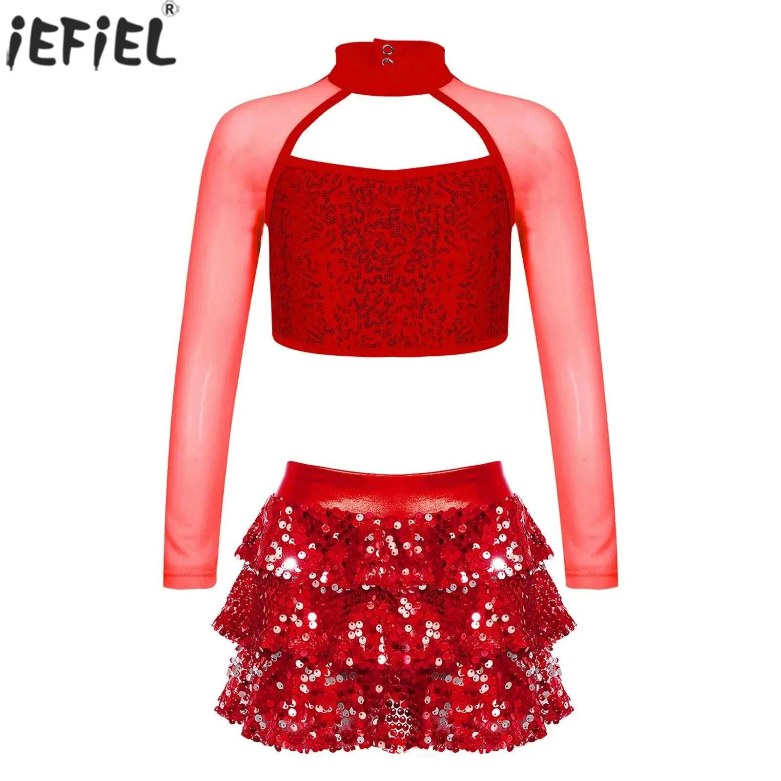 

Kids Girls Latin Jazz Dance Stage Performance Costume Shiny Sequins Long Sleeve Crop Top with Tiered Shorts Culottes Dancewear