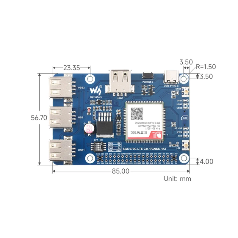 Raspberry Pi SIM7670G 4G LTE Cat-1 GNSS HAT Expanding Development Board SIMCom SIM7670 For Raspberry Pi 5 4B CM4