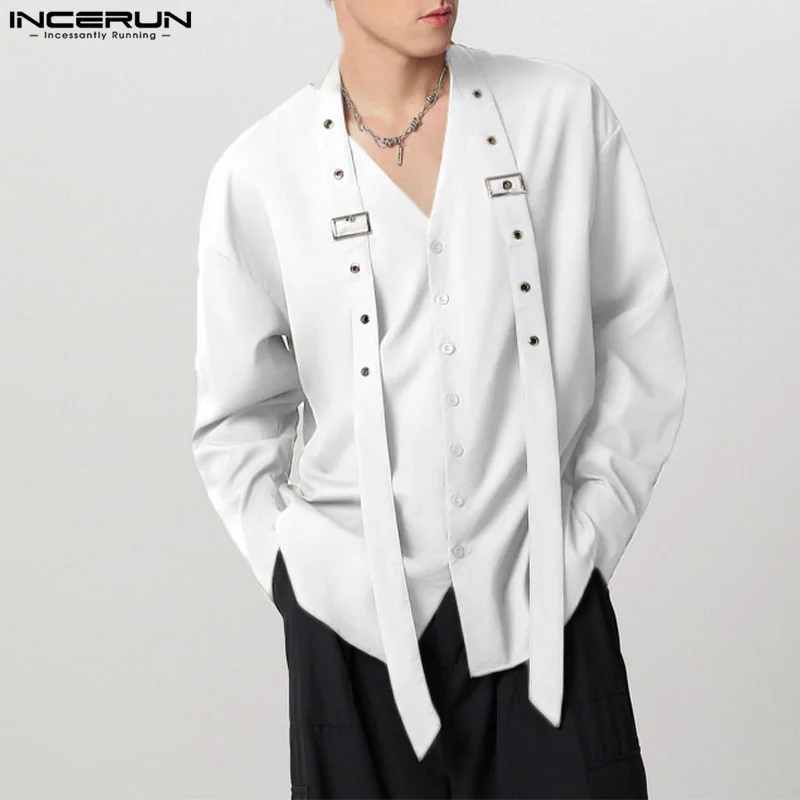 INCERUN Men Casual Shirts 2026 Summer Long Sleeve V-neck Tops Solid Street Fashion Loose Bottun Streamer Blusas Oversize S-5XL
