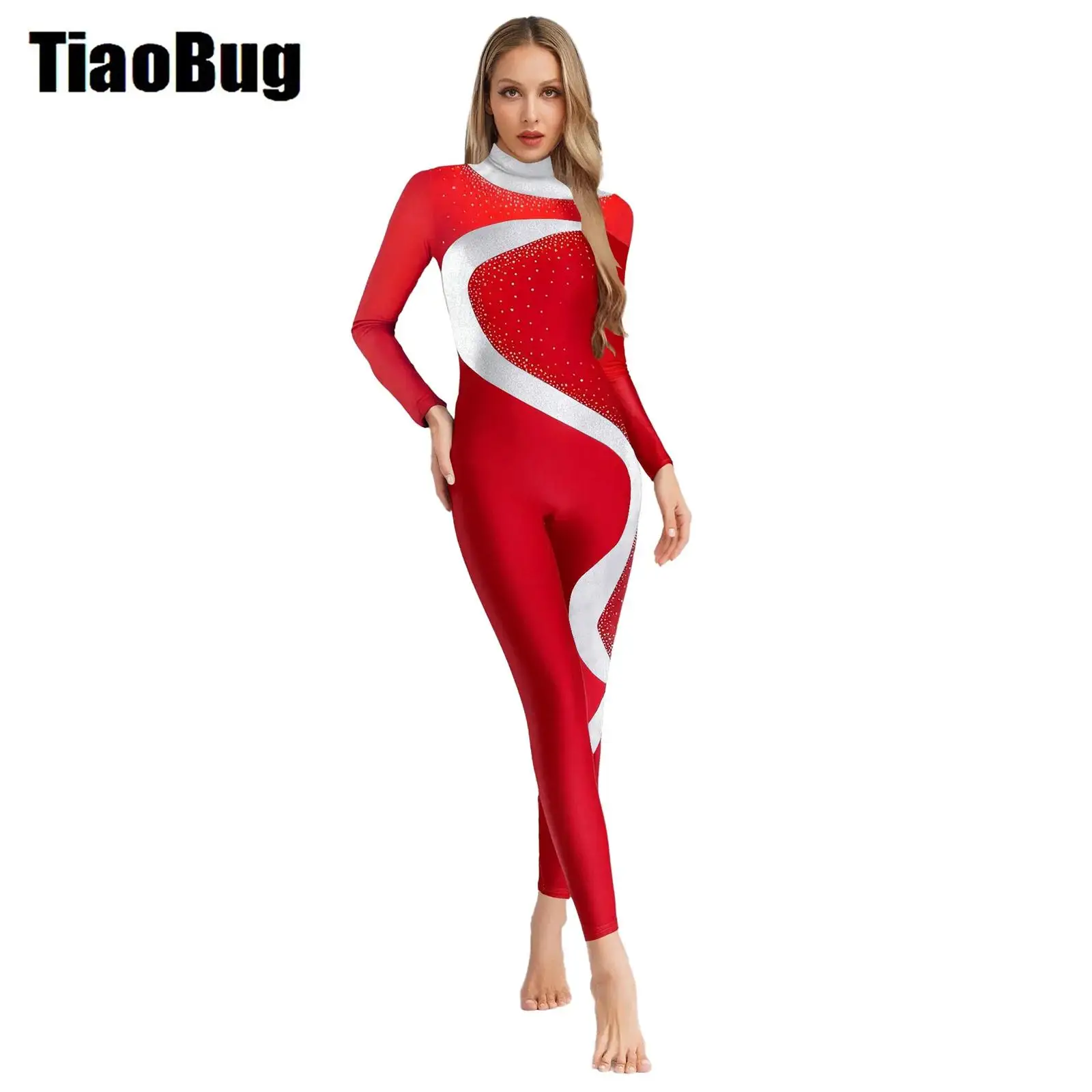 

Womens Dance Leotard Gymnastics Unitard Bodysuit Mock Neck Long Sleeve Back Hollow Out One Piece Jumpsuit Skating Rompers