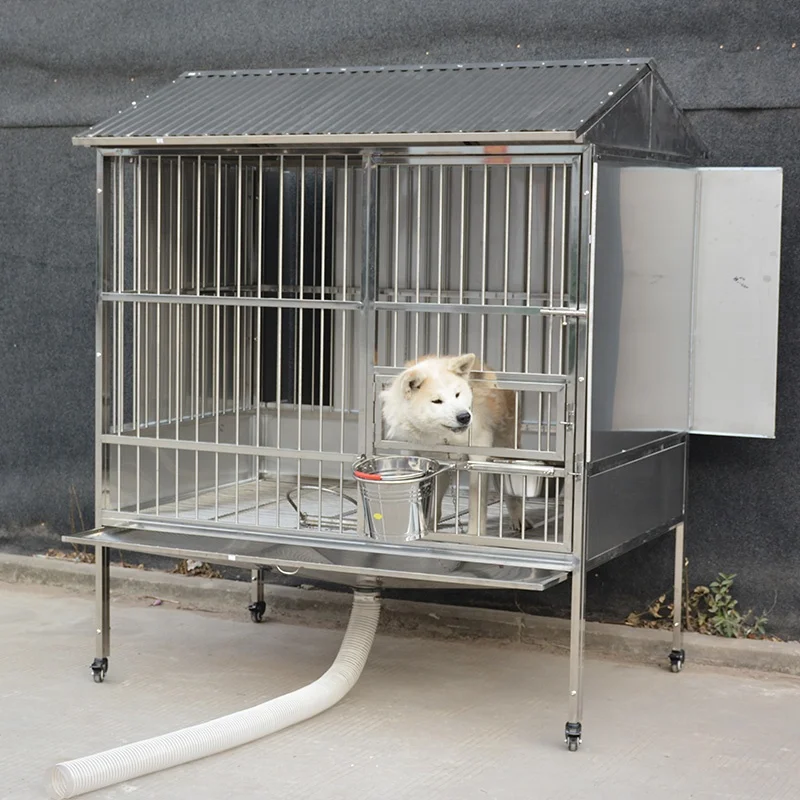 Silver Stainless Steel Dog Kennel Cage with Feeding Bowl & Pull-Out Tray All-Season Windproof Dog House