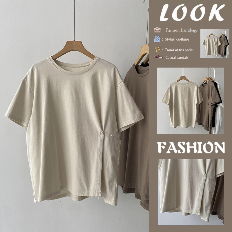

Casual Loose round Neck Short Sleeve T-Shirt Women Summer Fashion Sun Protection Cotton Basic Style Button Design Open Split