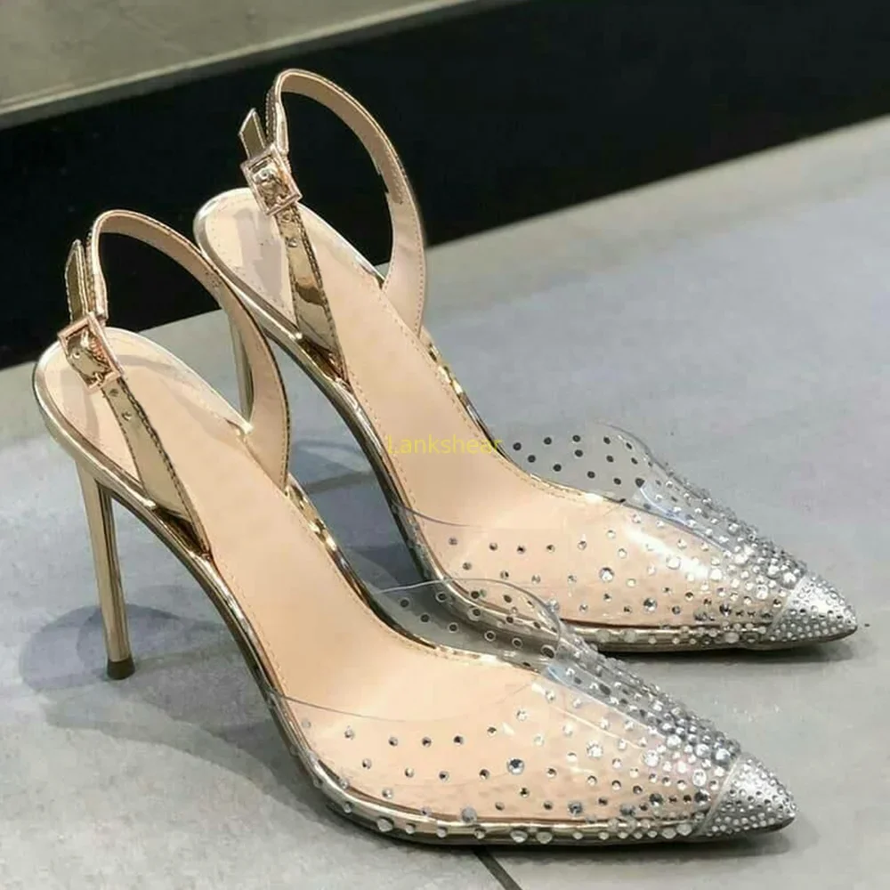 

Crystal Transparent Slingback Sandals Sexy Pointed Toe Thin Heel Akle Buckle Strap New Arrivals Fashion Women Modern Shoes