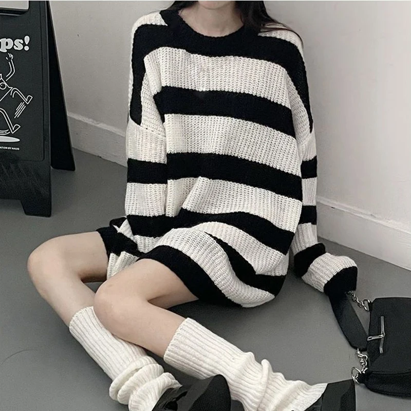 Sweaters Stripes Knitted Women Vintage Harajuku Loose Jumper Pullover Autumn Winter Streetwear Casual Long Sleeve Straight Top