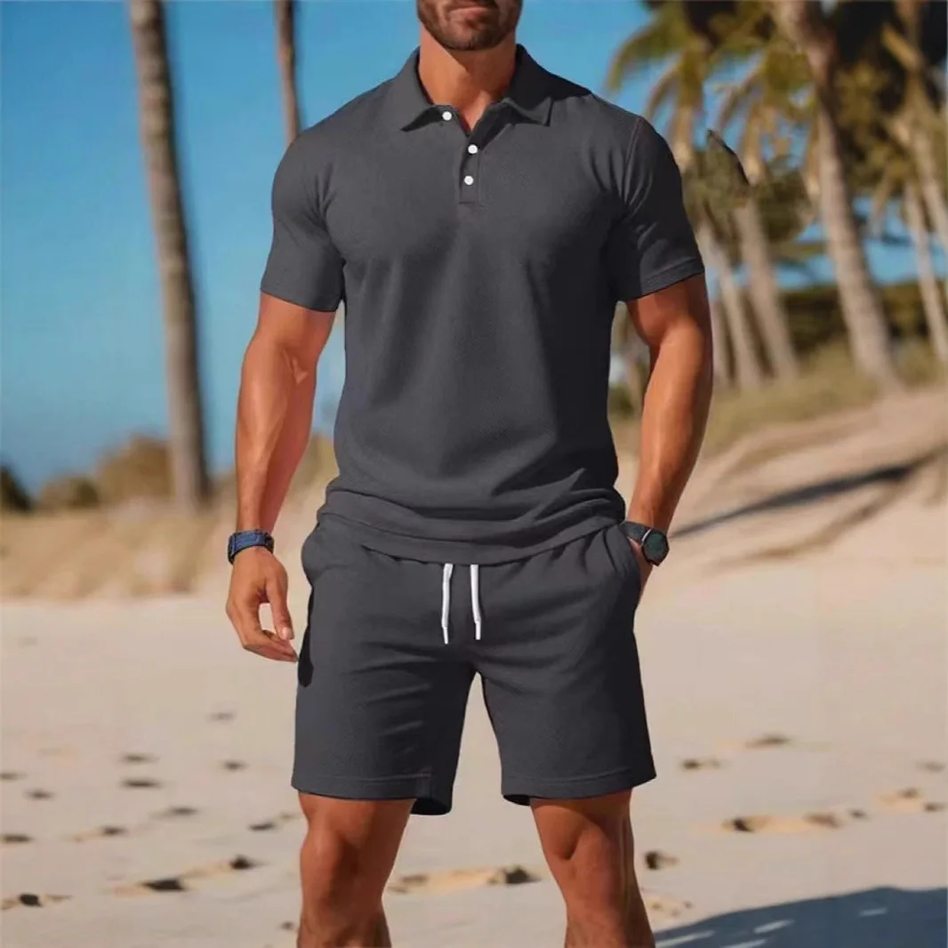 European Men's Short Sleeved Polo Shirt Shorts Set, Loose and Handsome Young Men's Short Sleeved Shorts Two-piece Set,