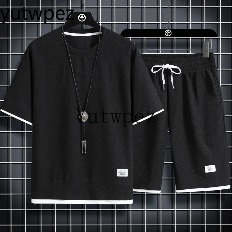 Waffle Comfortable Tracksuit Suits Summer Men's Sports Running Cycling Outdoor Hiking Casual Short-sleeve T-Shirt + Shorts Set