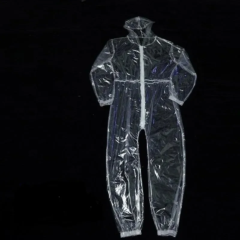 Clear Transparent Waterproof Windproof Hooded Long Sleeve Jumpsuit Anti-Dusty See Through Sexy Costumes DJ Club Private Party