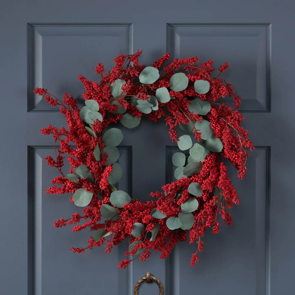 

29" EUCALYPTUS/BERRY WREATH, Charming Handcrafted Floral Crowns: Elegant & Natural Beauty Accessories Featuring Vibrant