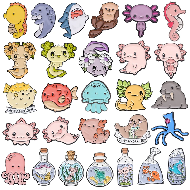 Cartoon Marine Creatures Series Enamel Pins Cute Axolotl Whale Sharks Jellyfish Marine Animal Brooches Lapel Badge Jewelry Gifts