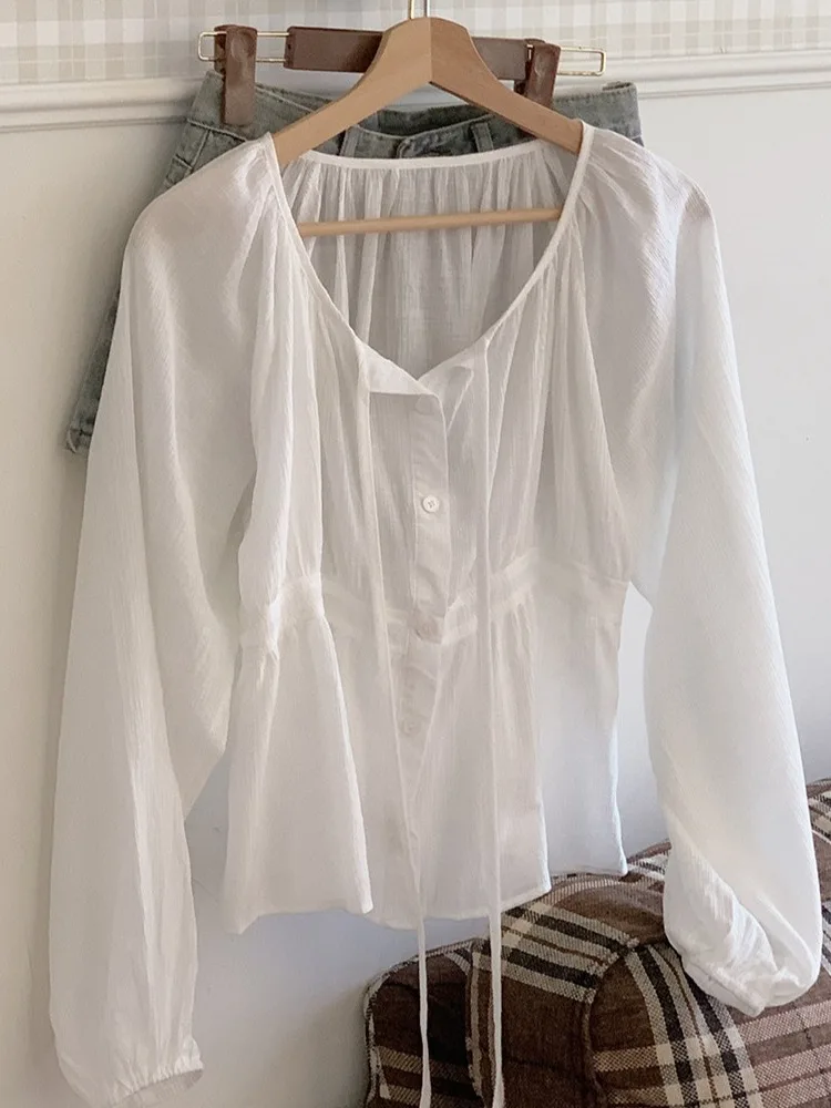 Schicke weiße Damen-IRT-Fliege, lockere Glocke, Sve Bubble Sve, offene Strickjacke, Taille im Trend, Herbst, neue Sle, koreanische lockere Passform