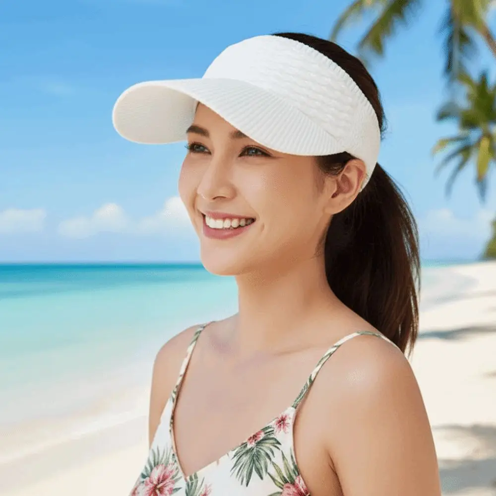 Portable Fish Scale Knitted Visor Cap Breathable Solid Color Long Brim Sun Cap Lightweight Versatile Sunscreen Empty Top Hat