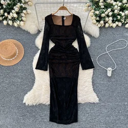 Chic Square Neck Vintage Long Sleeve Elegant Lace Slim Long Pencil Dresses Korean Fashion Evening High Street Autumn Clothing